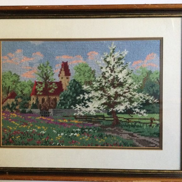 Beautiful embroidery needlework yarn art picture house tree blossom wood framed - Picture 1 of 7